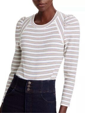 Like New! Veronica Beard Delano Striped Puff-Sleeve Top White Large